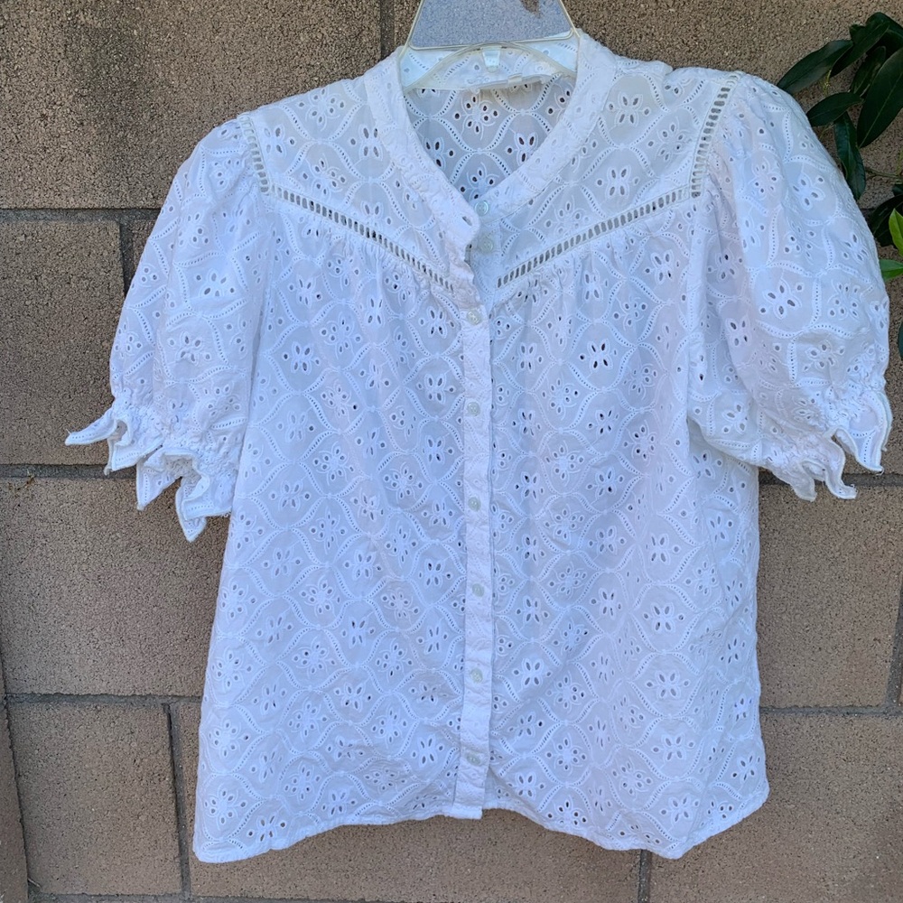 Ba&sh White Eyelet Button-Up Puff Sleeve Top in White (size 2 is a med)